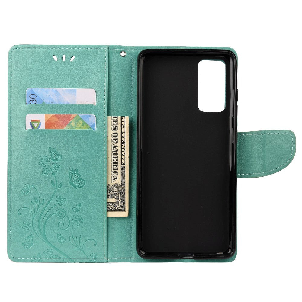 Samsung Galaxy S20 FE / S20 FE (5G) skinndeksel m. Kortholder - Blomsteravtrykk - Cyan