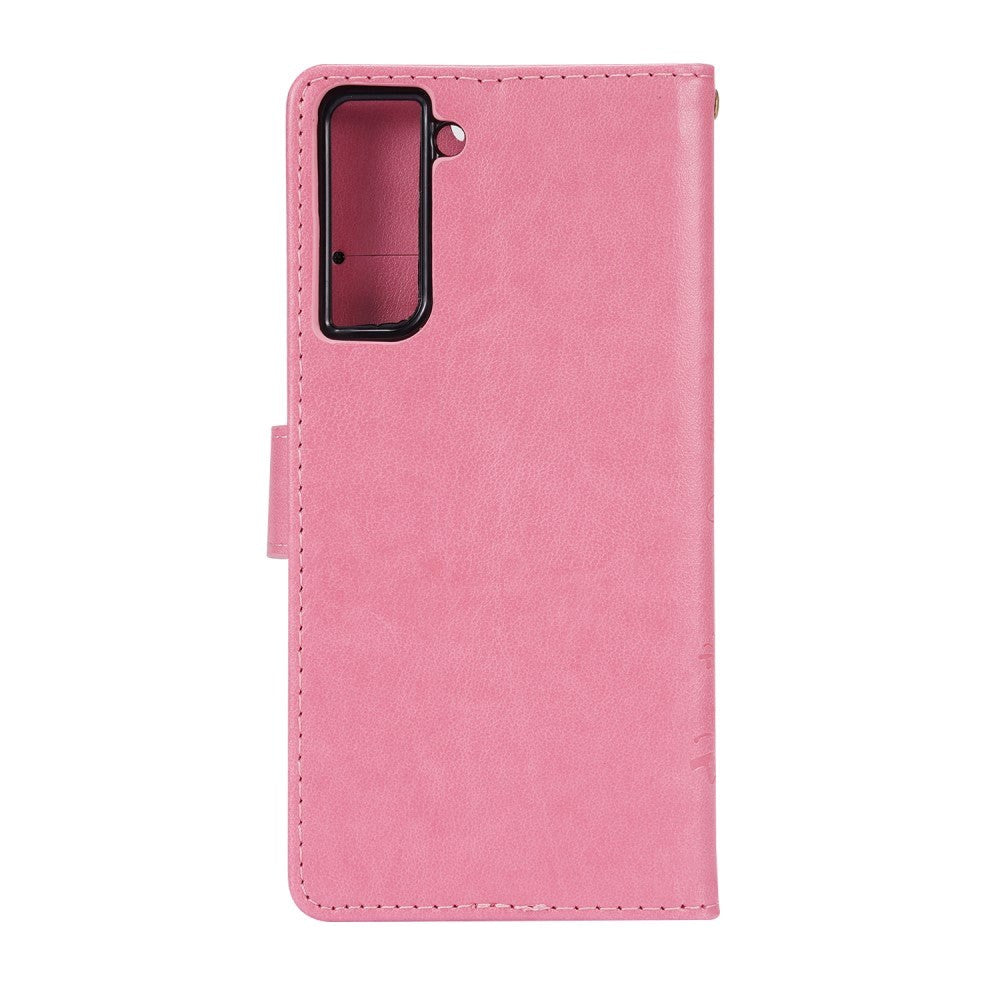 Samsung Galaxy S21 Leather Flip Cover m. Kortholdere - Blomster - Rosa
