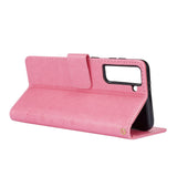 Samsung Galaxy S21 Leather Flip Cover m. Kortholdere - Blomster - Rosa