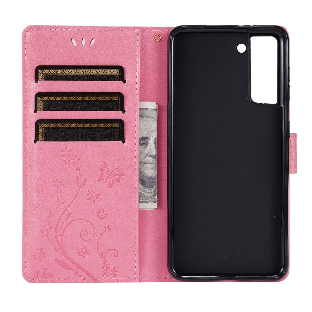 Samsung Galaxy S21 Leather Flip Cover m. Kortholdere - Blomster - Rosa