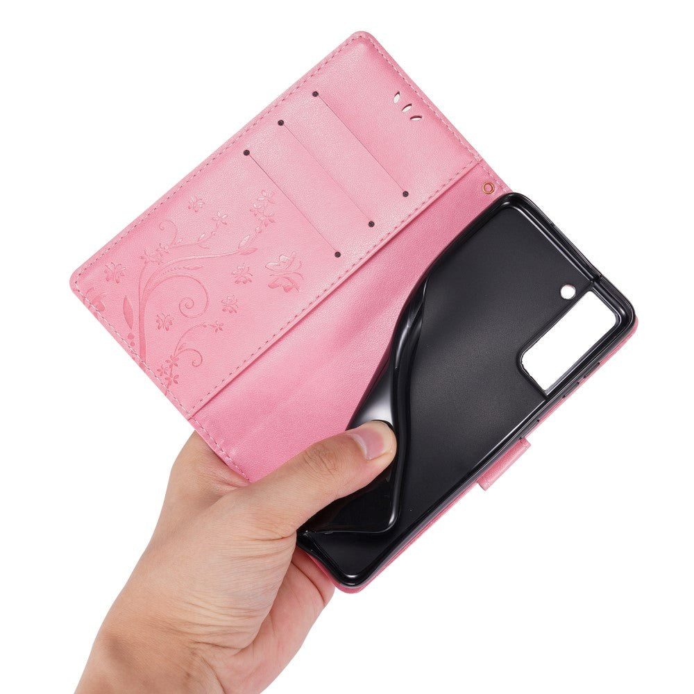 Samsung Galaxy S21 Leather Flip Cover m. Kortholdere - Blomster - Rosa