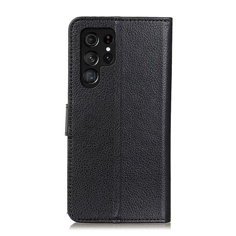 Samsung Galaxy S22 Ultra PU Litchi Leather Flip Cover m. Lommebok - Svart