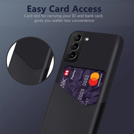 Samsung Galaxy S22 skinnbelagt plastbakdeksel m. Kortlommer - Sort