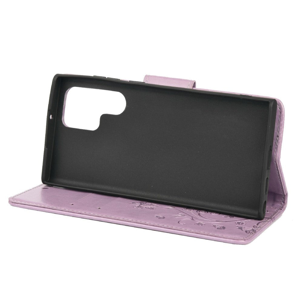 Samsung Galaxy S22 Ultra Leather Flip Deksel m. Veske sommerfugler og blomster - lilla