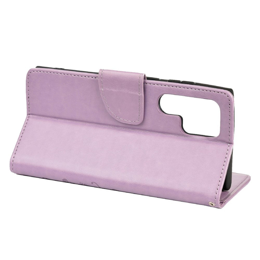 Samsung Galaxy S22 Ultra Leather Flip Deksel m. Veske sommerfugler og blomster - lilla
