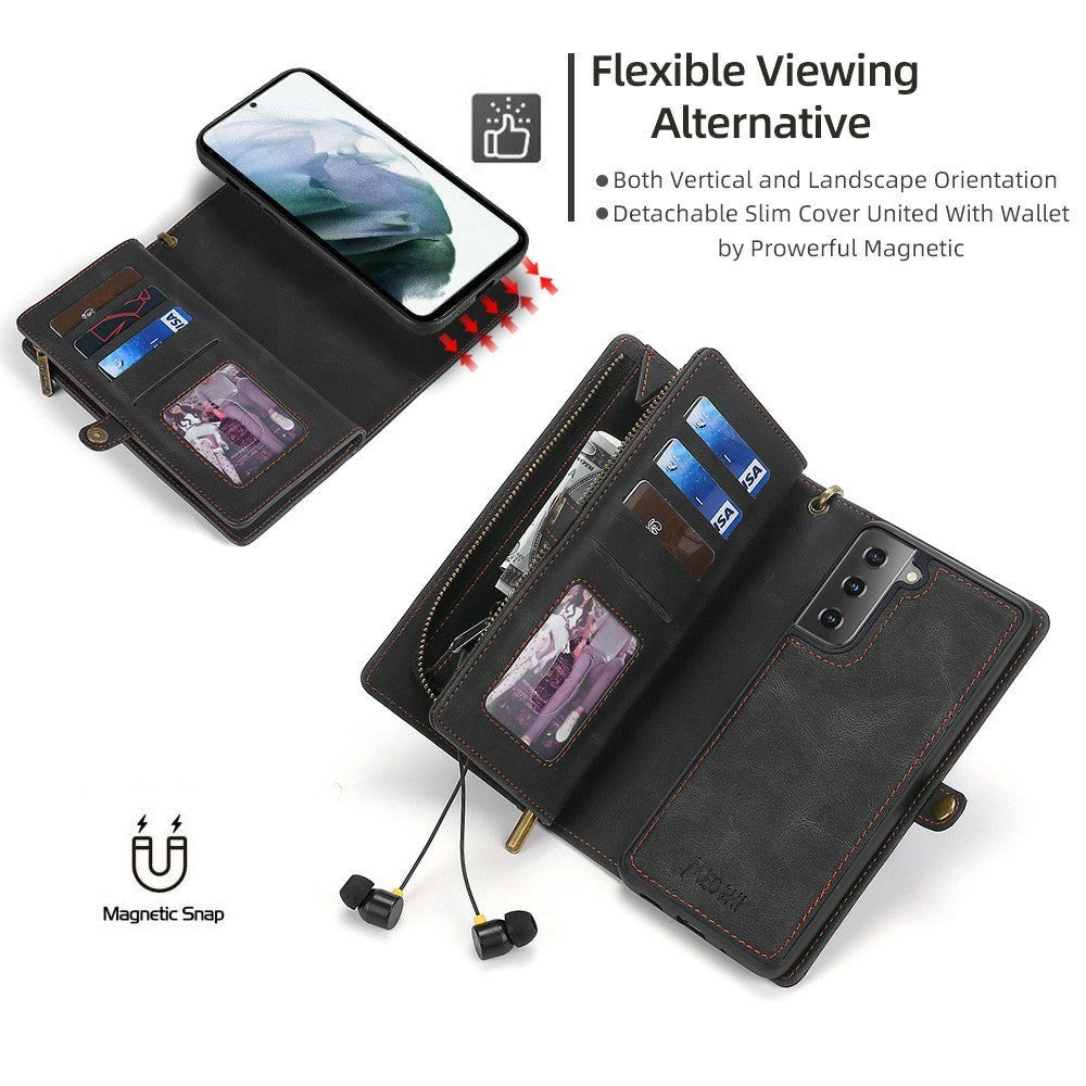 Samsung Galaxy S21 FE (5G) MEGSHI 2-i-1 Magnetisk Læder Flip Cover med Stor Kortholder- Sort