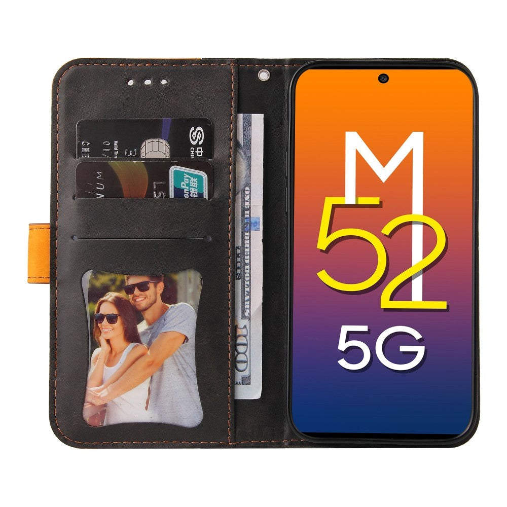Samsung Galaxy M52 (5G) Tofarget flippdeksel i skinn med. Lommebok - Oransje / Svart