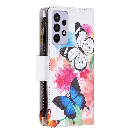 Samsung Galaxy A73 (5G) Flip-deksel i lær m. Stor veske - hvit og blå sommerfugl