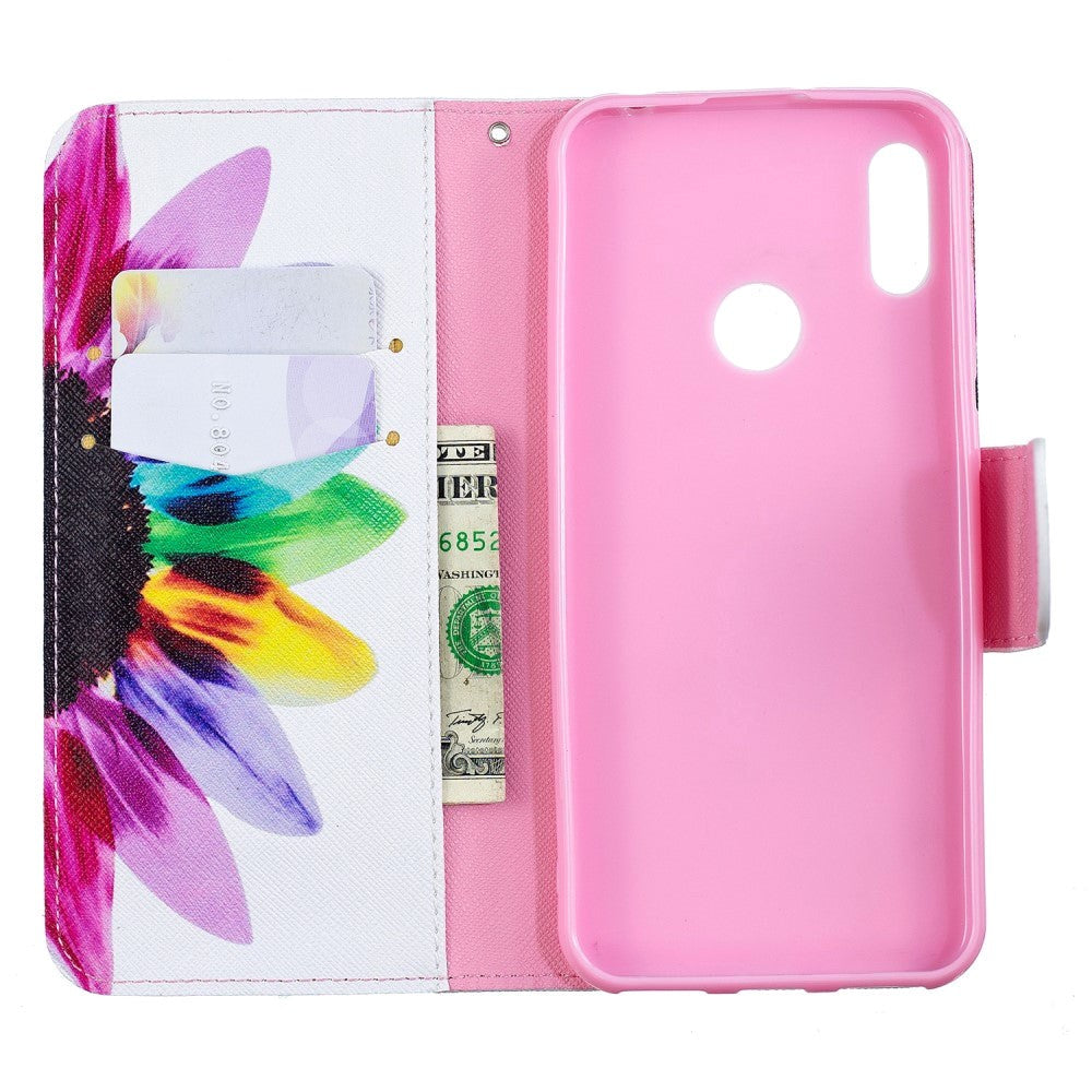 Huawei Y6 (2019) Leather Flip Cover m. Lommebok - Rainbow Sunflower