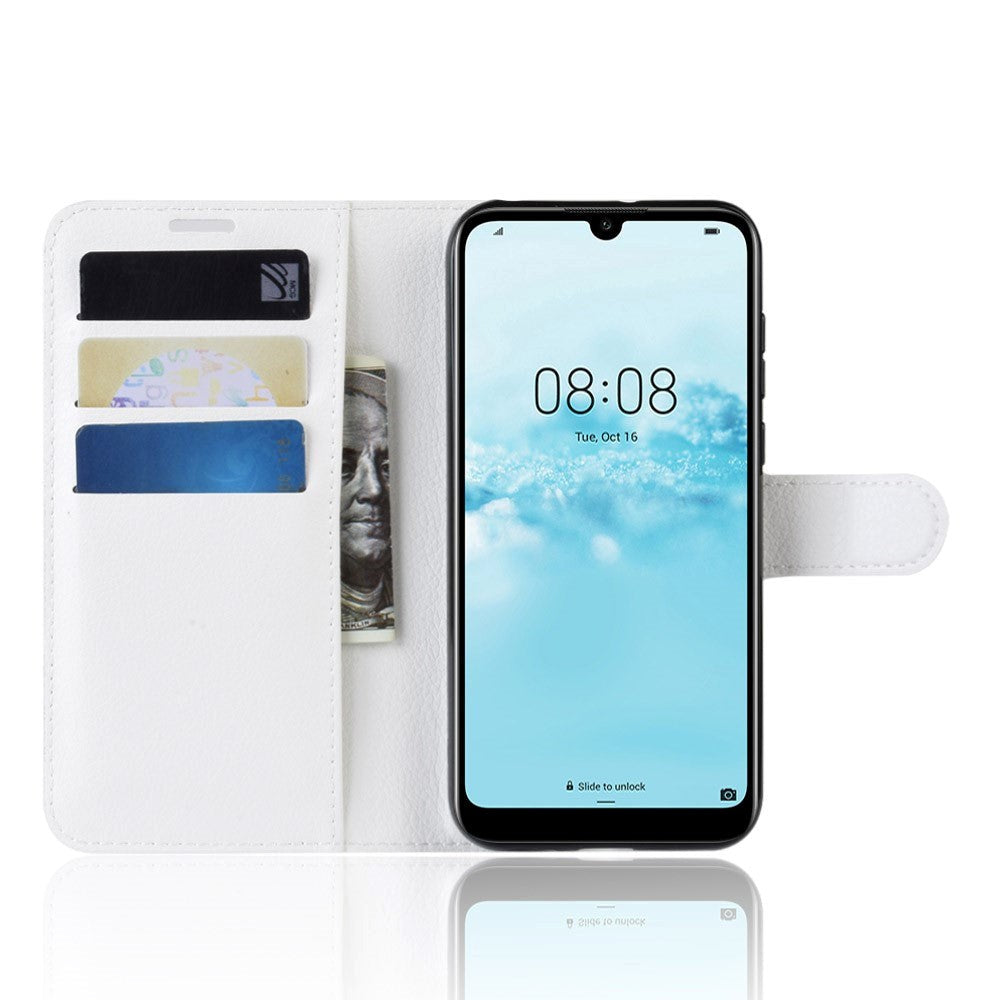 Huawei Y5 (2019) Litchi Leather Flip Cover m. Lommebok - Hvit