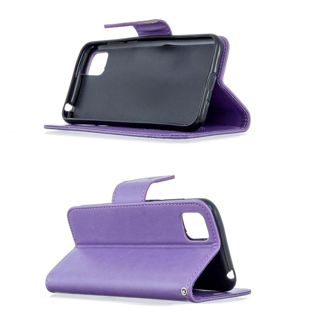 Huawei Y5p skinndeksel m. Kortholder - Lilla sommerfugl