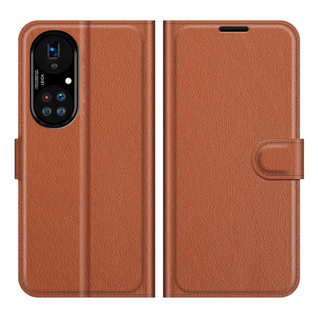 Huawei P50 Pro Litchi Leather Flip Cover m. Lommebok - Brun