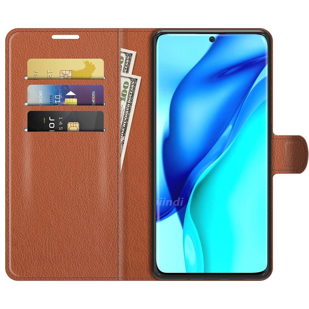 Huawei P50 Pro Litchi Læder Flip Cover m. Pung - Brun