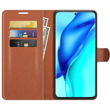 Huawei P50 Pro Litchi Læder Flip Cover m. Pung - Brun
