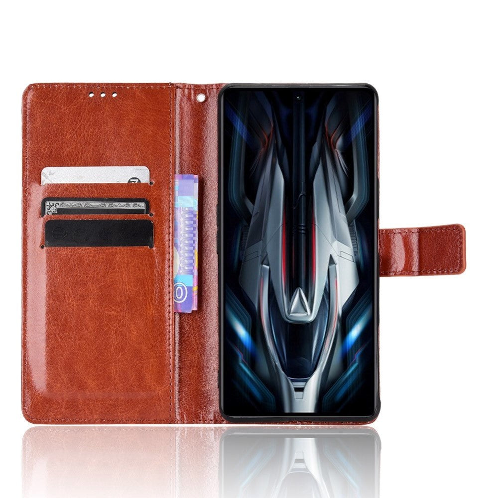 Xiaomi Poco F4 GT glanset lær flipdeksel m. Lommebok og stropp - brun