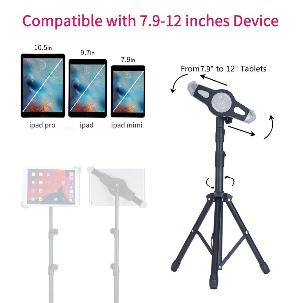 Tablet Tripod Stativ m. Justerbar Tablet Holder - Sort