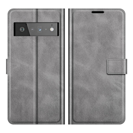 Google Pixel 6 Pro Leather Flip Cover m. Kortholder &amp; Magnetisk Åpne/Lukke funksjon - Grå
