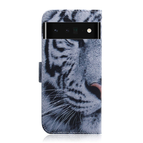 Google Pixel 6 Pro Leather Flip Cover m. Lommebok og trykk - White Tiger