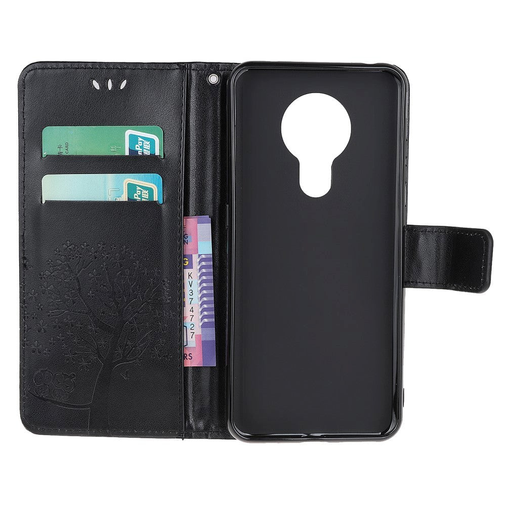 Nokia 5.3 Leather Flip Cover m. Lommebok - Ugler i Wood Black