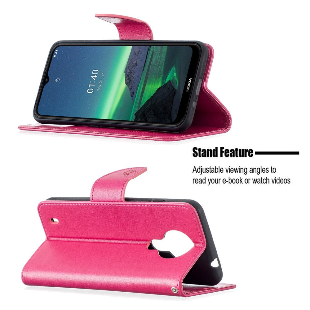 Nokia 1.4 Faux Leather Flip Cover m. Veske og stropp - Sommerfugl - Rosa