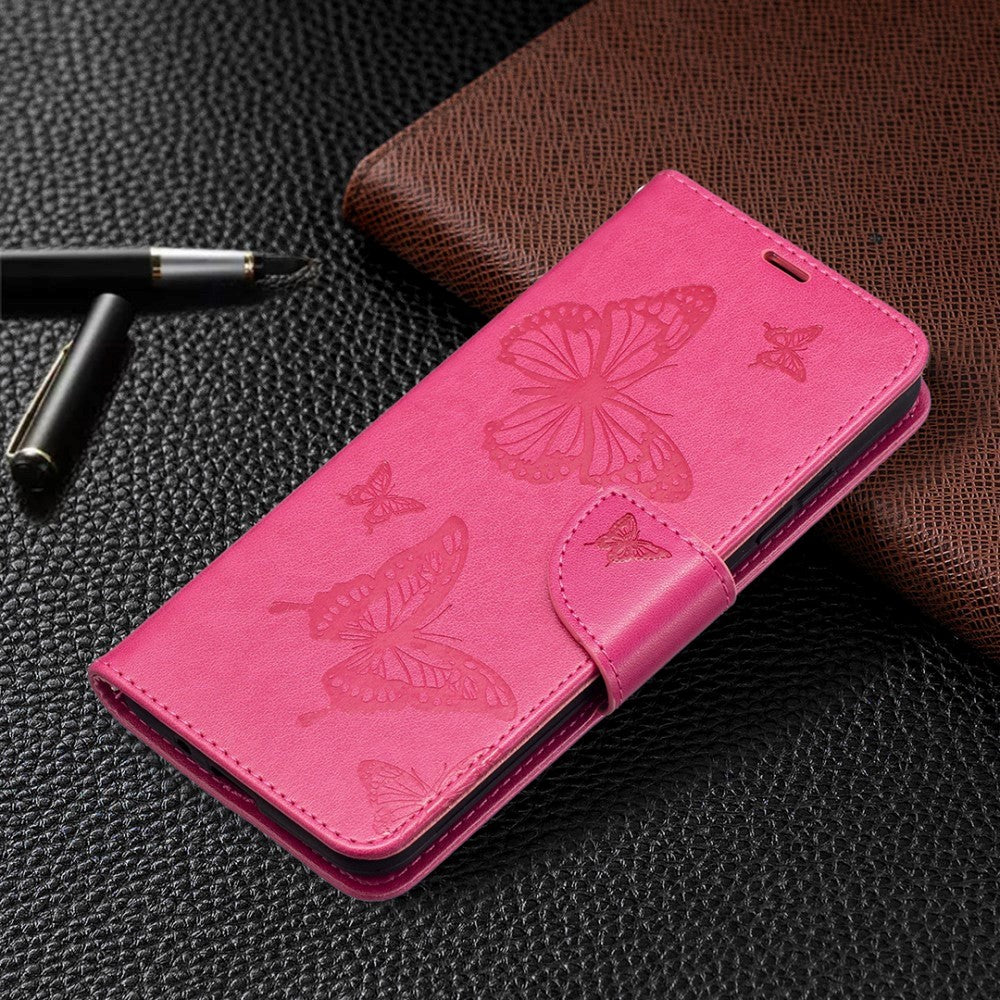 Nokia 1.4 Faux Leather Flip Cover m. Veske og stropp - Sommerfugl - Rosa