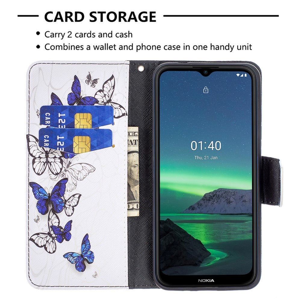 Nokia 1.4 skinndeksel m. Lommebok - blå og hvite sommerfugler