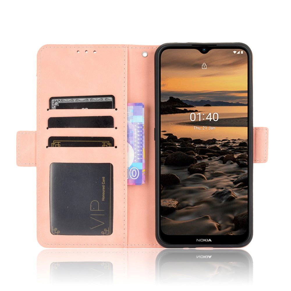 Nokia 1.4 Leather Flip Cover m. Stativ / kortholder &amp; ekstra kortlomme - rosa