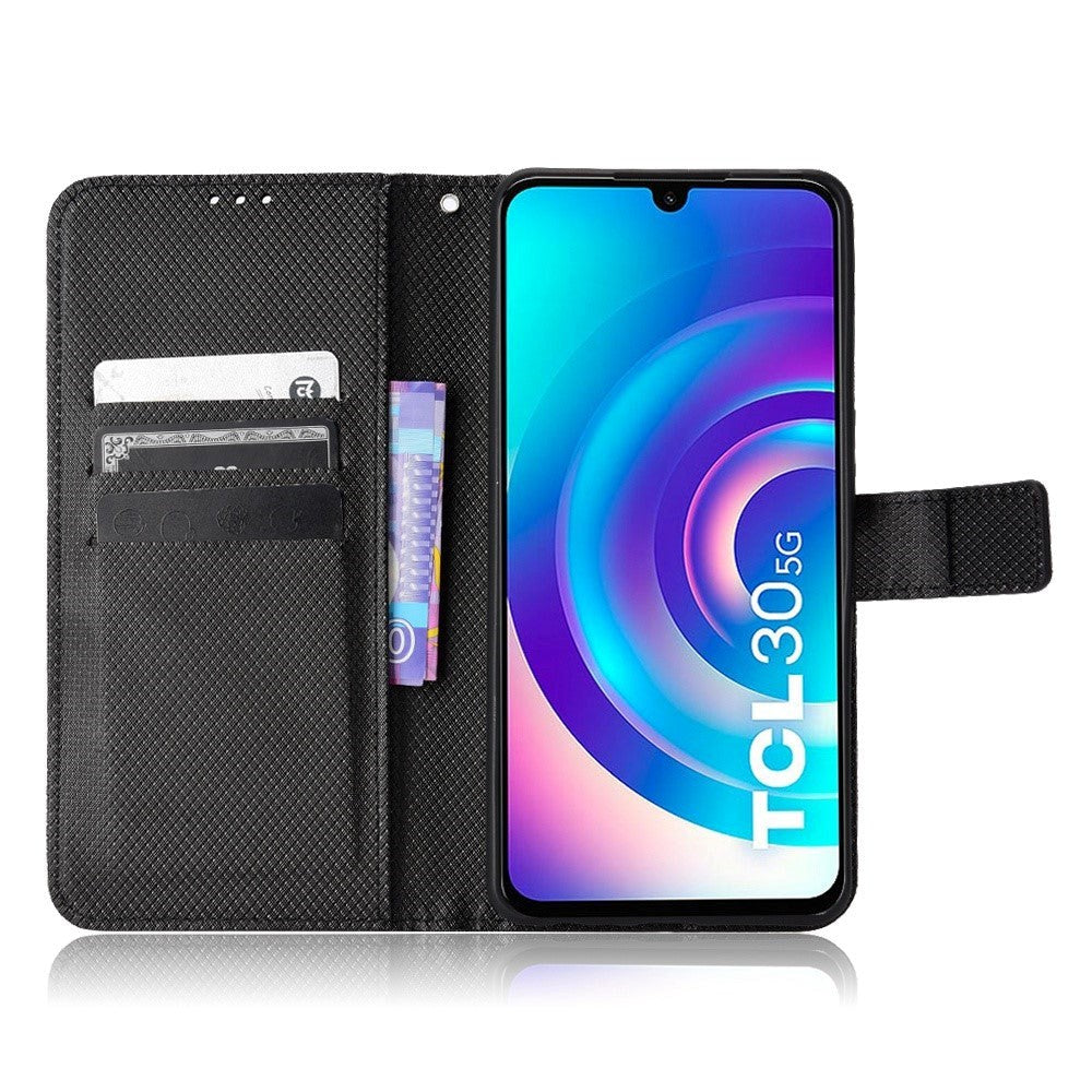 TCL 30 (4G/5G) / 30+ Leather Flip Cover m. Diamanttekstur - Svart