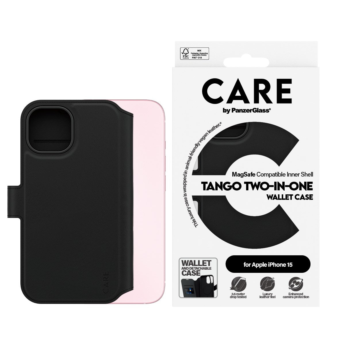 CARE by PanzerGlass iPhone 15 Feature Tango 2-i-1 Flip Cover m. Lommebok - Svart