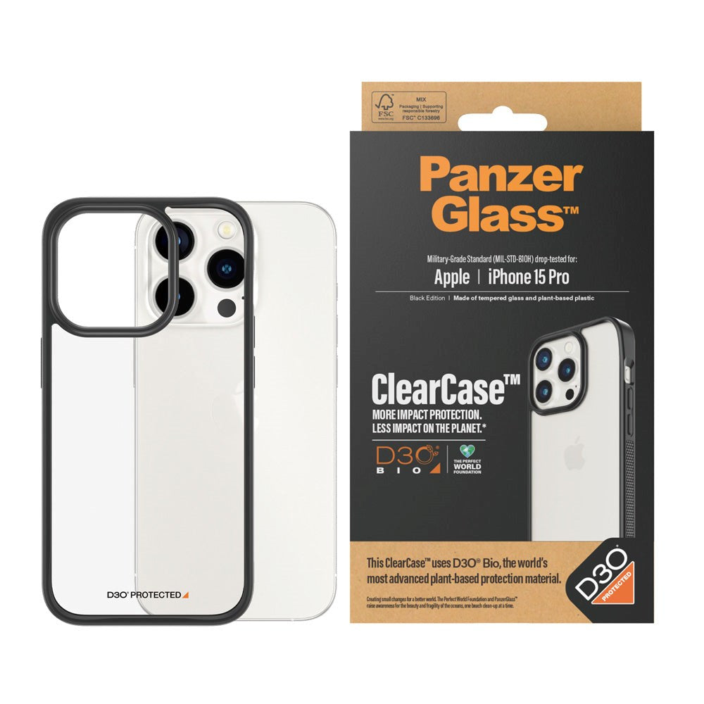 iPhone 15 Pro Bakdeksel PanzerGlass D3O Bio ClearCase - Black Edge