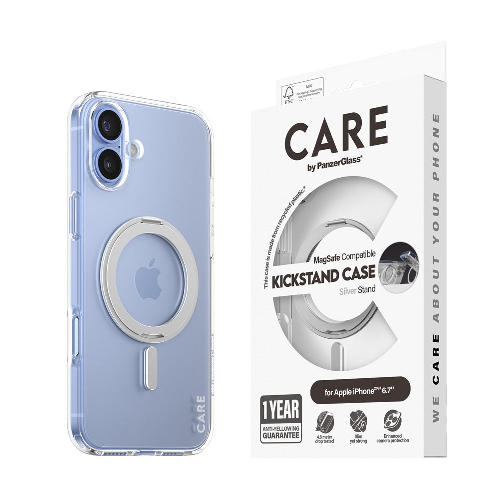 CARE by PanzerGlass iPhone 16 Plus Feature Kickstand Cover - MagSafe-kompatibel - Gjennomsiktig / Sølv