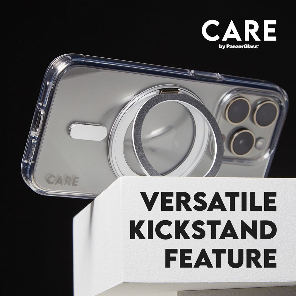 CARE by PanzerGlass iPhone 16 Plus Feature Kickstand Cover - MagSafe-kompatibel - Gjennomsiktig / Sølv
