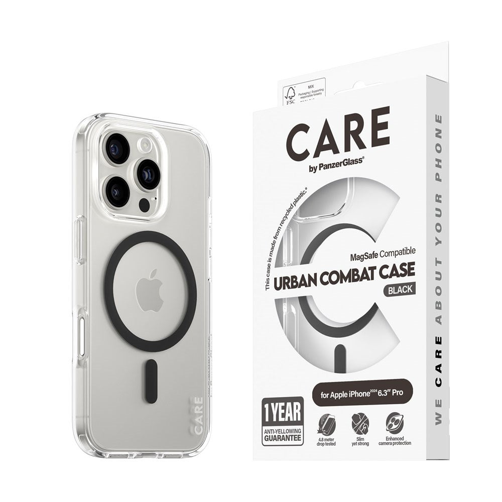 CARE by PanzerGlass iPhone 16 Pro FLAGSHIP Urban Combat-deksel - MagSafe-kompatibel - Gjennomsiktig / Svart