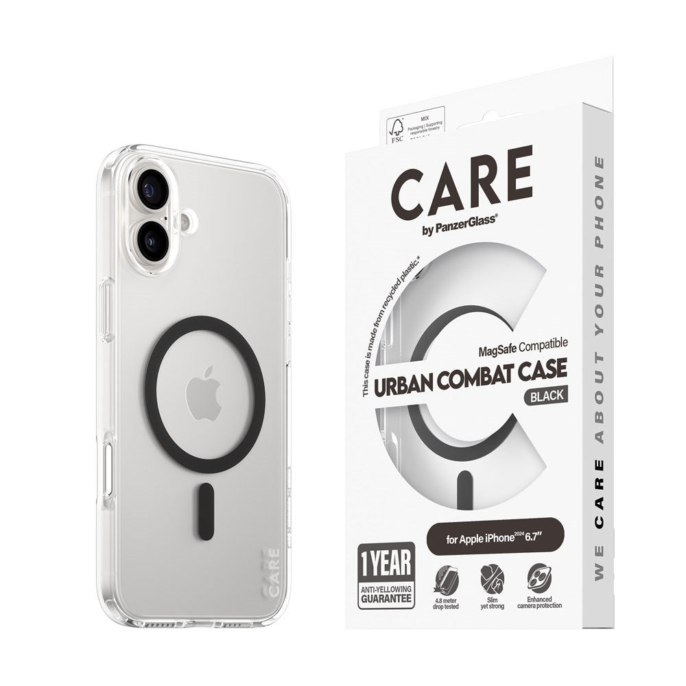 CARE by PanzerGlass iPhone 16 Plus FLAGSHIP Urban Combat-deksel - MagSafe-kompatibel - Gjennomsiktig / Svart