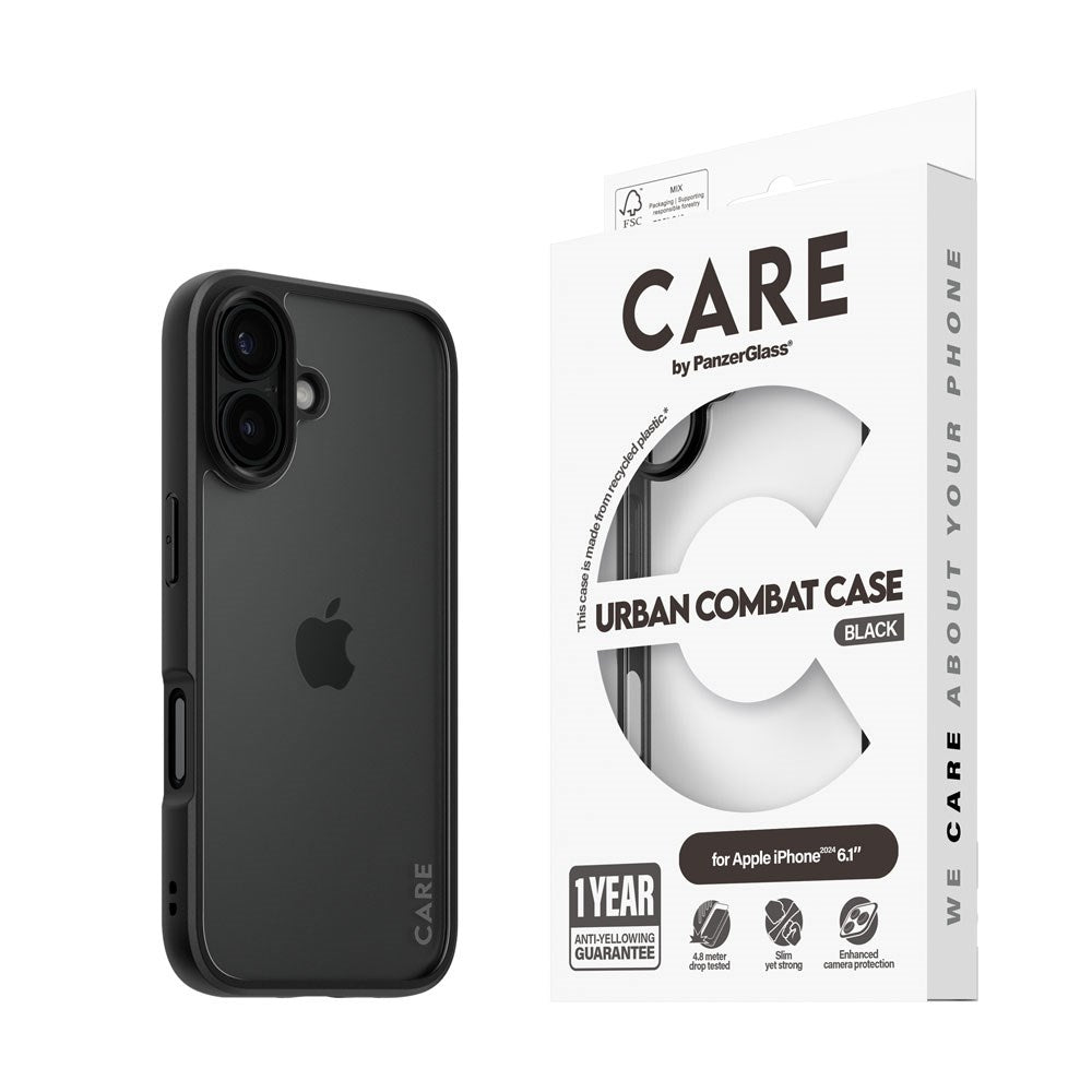 CARE by PanzerGlass iPhone 16 FLAGSHIP Urban Combat-deksel - gjennomsiktig / svart ramme
