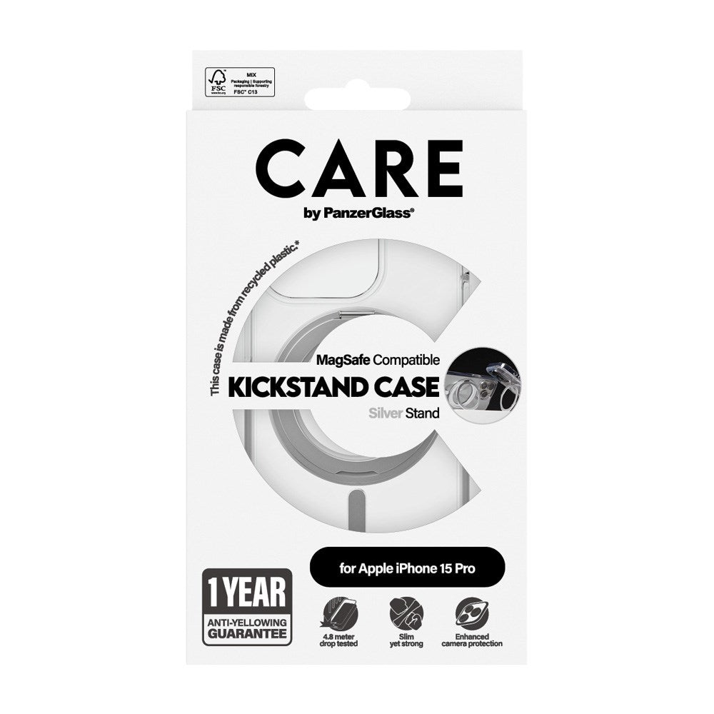 CARE by PanzerGlass iPhone 15 Pro Feature Kickstand Cover - MagSafe-kompatibel - Gjennomsiktig / Sølv