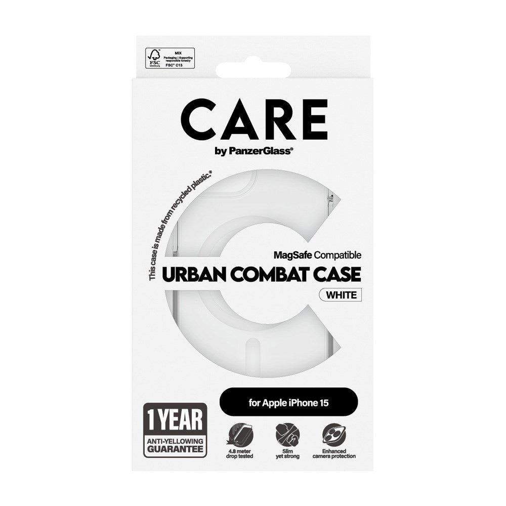 CARE by PanzerGlass iPhone 15 FLAGSHIP Urban Combat-deksel - MagSafe-kompatibel - Gjennomsiktig / Hvit