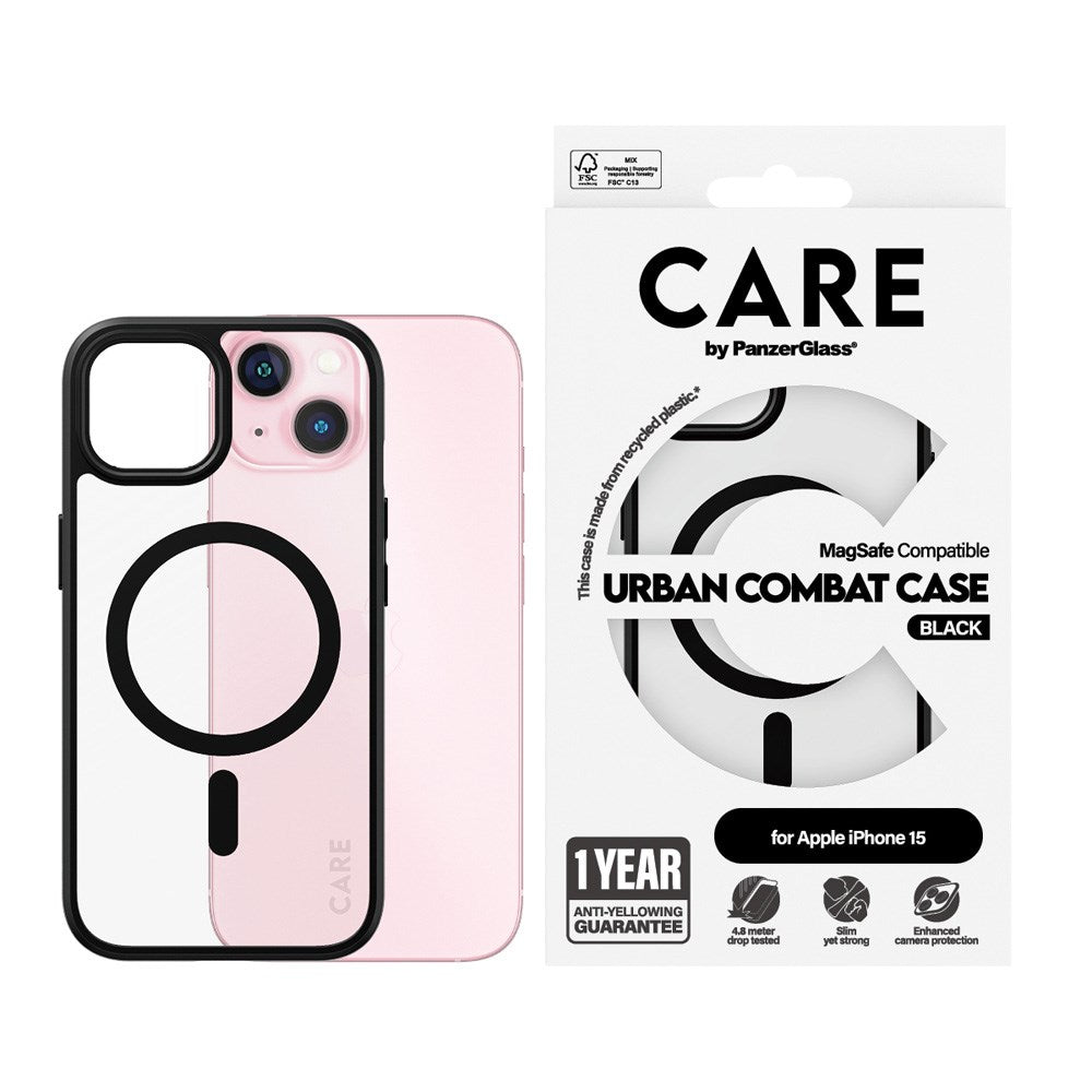 CARE by PanzerGlass iPhone 15 FLAGSHIP Urban Combat-deksel - MagSafe-kompatibel - Gjennomsiktig / Svart