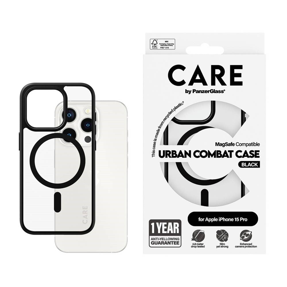 CARE by PanzerGlass iPhone 15 Pro FLAGSHIP Urban Combat-deksel - MagSafe-kompatibel - Gjennomsiktig / Hvit
