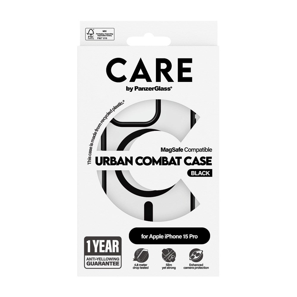 CARE by PanzerGlass iPhone 15 Pro FLAGSHIP Urban Combat-deksel - MagSafe-kompatibel - Gjennomsiktig / Hvit