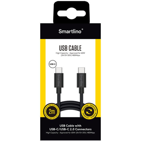 Smartline USB-C til USB-C-kabel (3A/60W) - 2 m. - Svart
