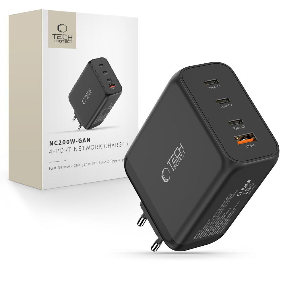 Tech-Protect Vægoplader m. 3x USB-C / 1x USB-A - 200W - Sort