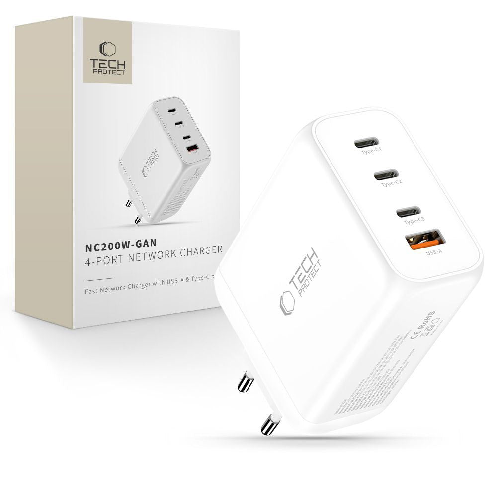 Tech-Protect Vægoplader m. 3x USB-C / 1x USB-A - 200W - Hvid
