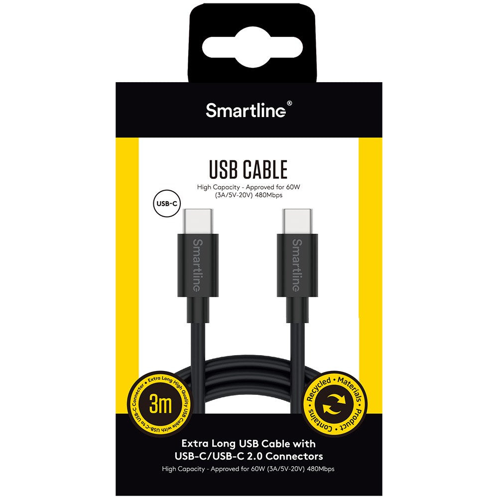 Smartline USB-C til USB-C-kabel (3A/60W) - 3 m. - Svart