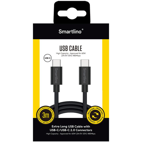 Smartline USB-C til USB-C-kabel (3A/60W) - 3 m. - Svart
