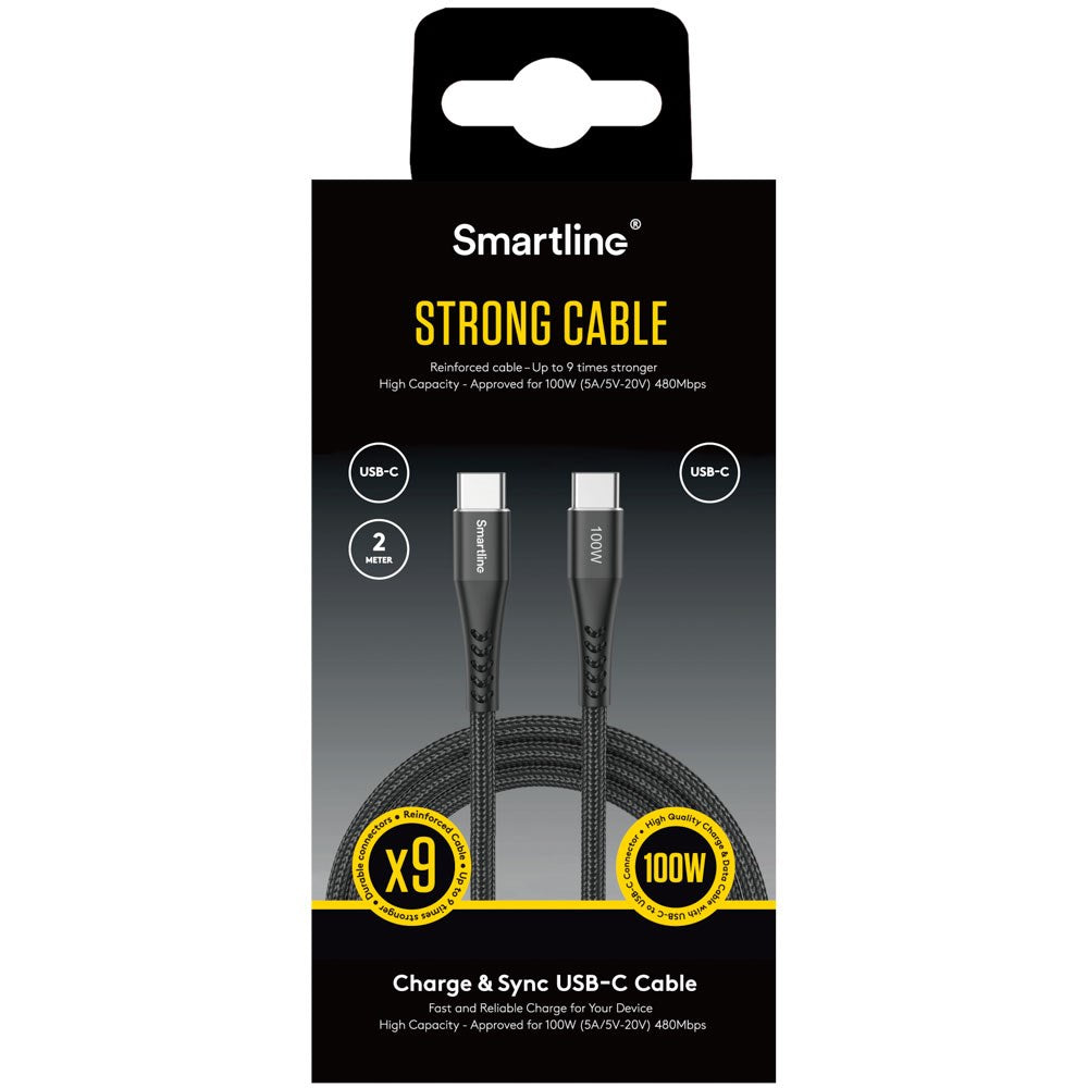 Smartline 100W USB-C til USB-C Ladekabel - 2m - Svart