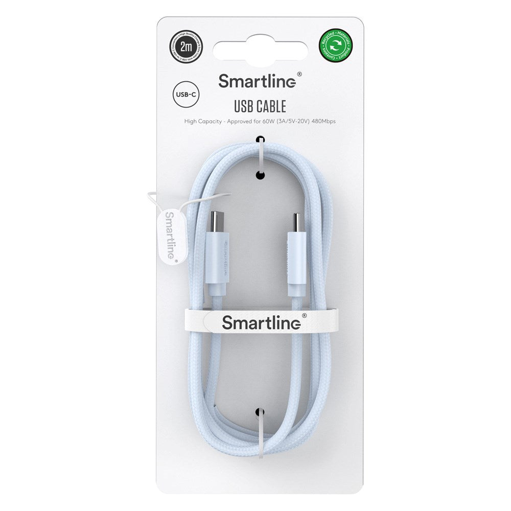Smartline (60W) USB-C til USB-C Ladekabel - 2 Meter - Lyseblå