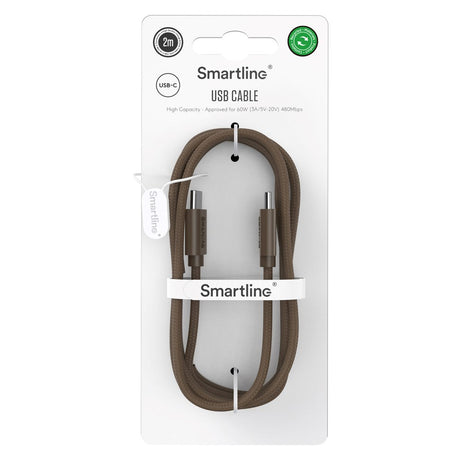 Smartline (60W) USB-C til USB-C Ladekabel - 2 Meter - Mørkebrun