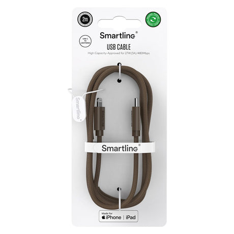 Smartline (3A/27W) USB-C til Lightning Ladekabel - 2 Meter - Mørkebrun