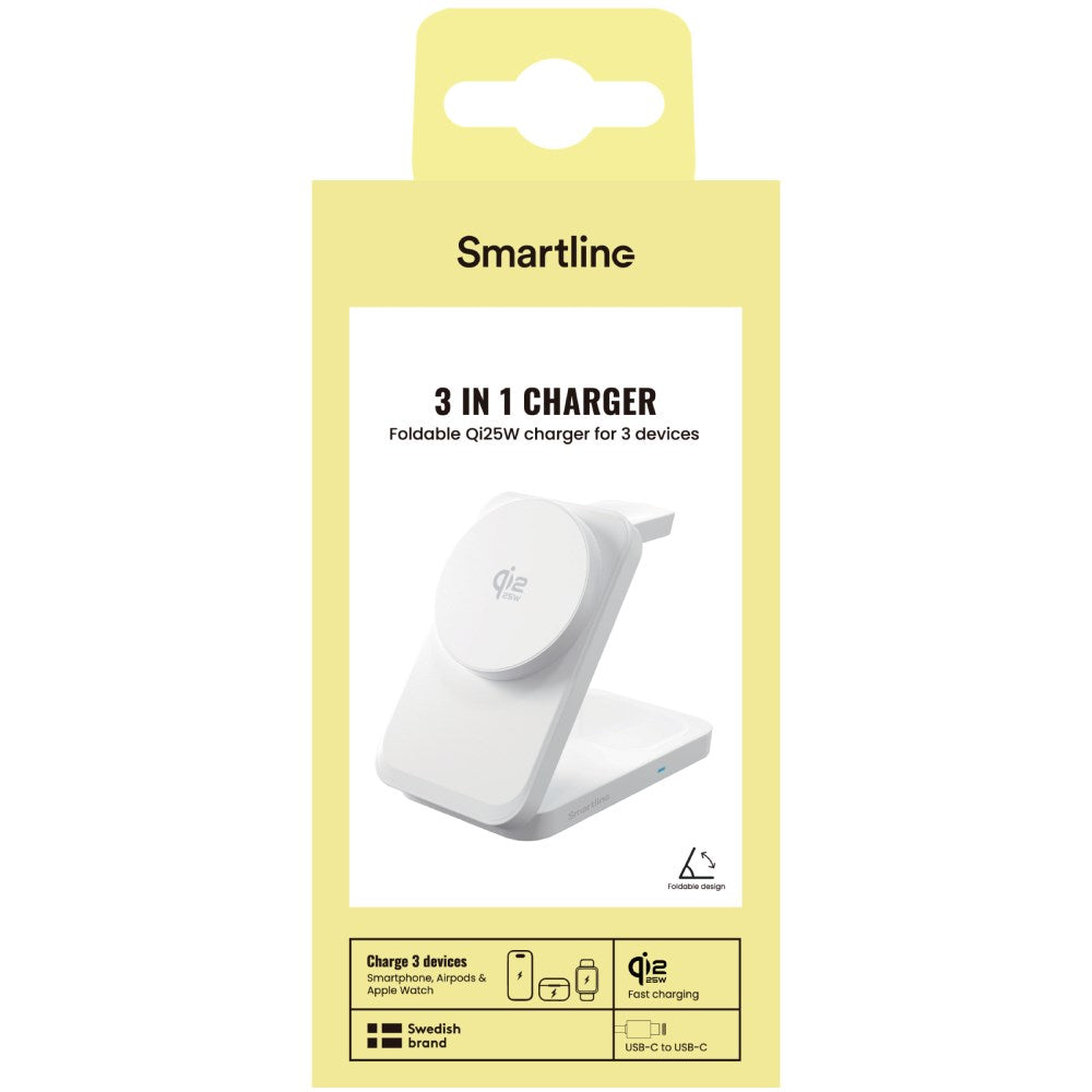 Smartline Foldbar 3-in-1 25W Trådløs Oplader m. Qi2 - Hvid